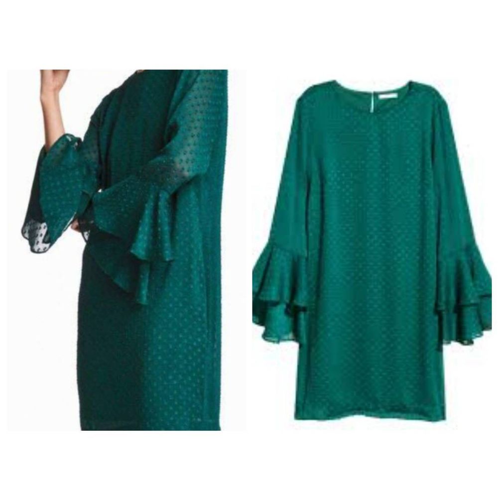 H&M Women's Long Double Bell Sleeves Chiffon Emerald Green Short Dress Size 2
